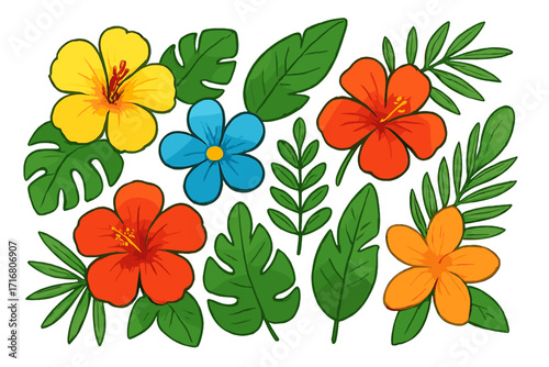 Tropical flowers and leaves set. Vector cartoon illustration of hibiscus, plumeria, monstera and palm leaf. Exotic floral jungle elements for summer hawaiian design. Botanical collection isolated.