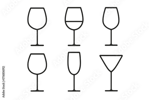 Wine glass line art icon set. Collection of minimalist vector illustrations for a bar or restaurant menu. Different types of glassware, including a cocktail glass. Simple design.