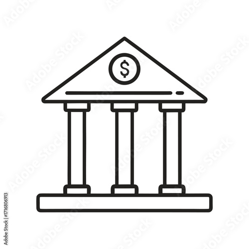 Bank Building Icon with Dollar Sign Line Art Isolated on White Background