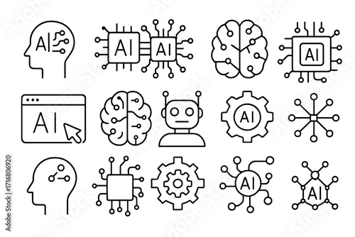 Artificial Intelligence line icon set. Concepts of AI technology, machine learning, robotics, neural network, deep learning. Vector symbols of brain, chip, bot. Editable stroke.