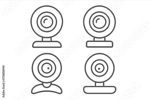 Webcam line art icon set. Simple vector collection for technology and communication concepts. Digital conference, streaming, and online meeting symbols. Minimalist outline style.