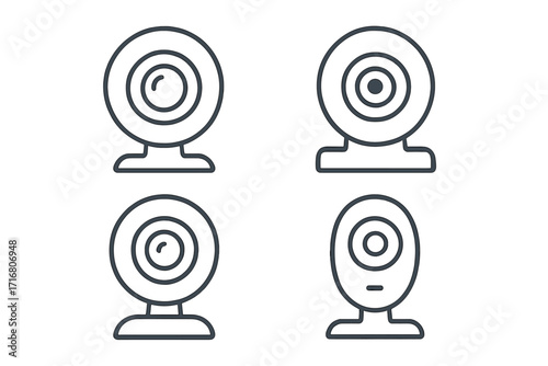 Webcam line art icon set for technology and communication concepts. Vector illustration of web camera designs for video conference, streaming, online chat, and security.