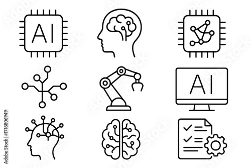 Artificial intelligence line icon set. AI, machine learning, robotics, and neural network concepts. Technology outline pictogram collection. Editable stroke vector symbols.
