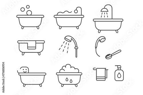 Vector bathroom line icon set. Bathtub, shower, spa. Hygiene and cleaning symbols like soap, towel, foam, bubbles. Simple outline pictograms for web and mobile. Editable stroke.