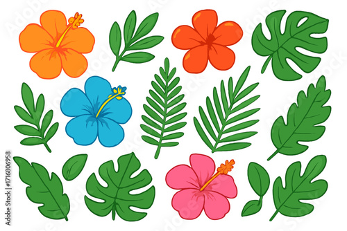 Set of tropical flowers and leaves. Colorful hibiscus, monstera, palm leaf collection. Exotic floral jungle elements for summer design. Cartoon vector illustration isolated.