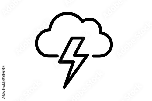 Weather forecast storm icon. Thunder lightning bolt under cloud. Minimal outline vector. Concept of thunder, electricity, power, energy, danger. Simple line art illustration.