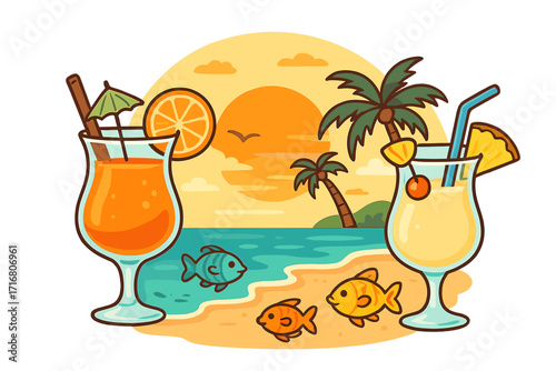 Tropical cocktails on a summer beach at sunset. Vector cartoon illustration of a relaxing vacation with palm trees, ocean, and cute fish. Paradise holiday party graphic.