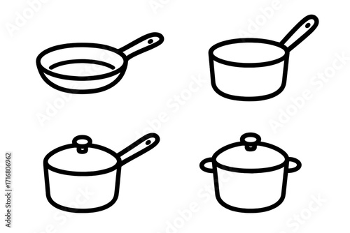 Cookware line icon set. Simple vector illustrations of kitchen pots and pans. Frying pan, saucepan, and stockpot outline symbols for cooking, food, and culinary design.