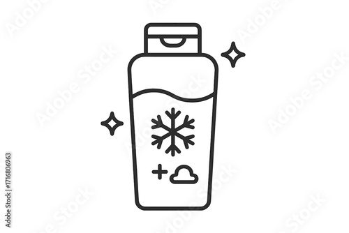 Winter conditioner line icon. Hair care cosmetic. Shampoo bottle with snowflake. Cold weather protection. Cooling effect. Beauty spa treatment. Clean hair symbol. Vector graphic.