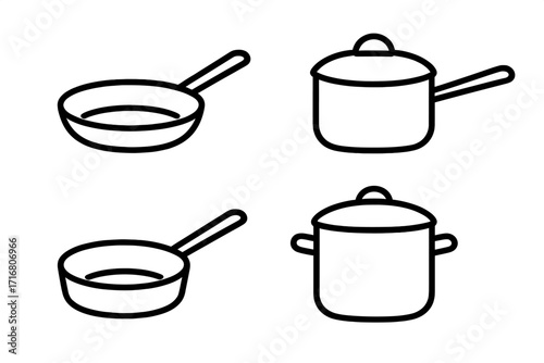 Cooking pot and frying pan line icon set. Simple kitchenware and cookware vector illustrations. Saucepan, casserole, and skillet symbols for kitchen and restaurant design.