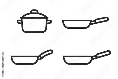 Cooking pans and pots icon set. Simple line art vector of kitchen cookware. Frying pan, saucepan, skillet symbols for culinary design, restaurant menu or food blog.