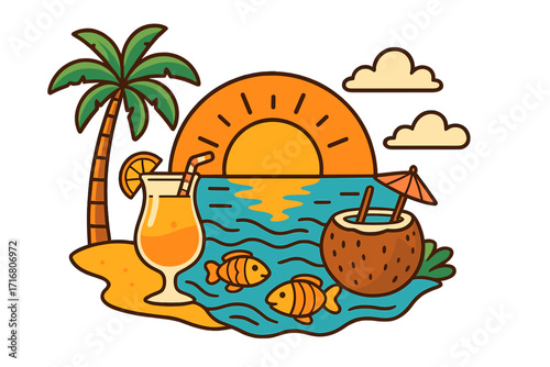 Summer beach vacation with tropical drinks. Cartoon vector illustration of a paradise island with palm tree, sunset, and ocean. Relaxing holiday vibe with fish and cocktails.