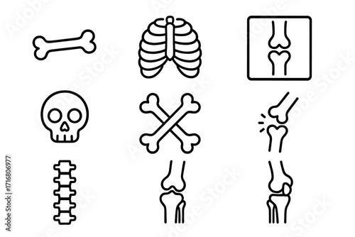 Bones and skeleton icon set. Human anatomy concept. Skull, rib cage, spine, joints, X-ray. Orthopedics, medicine, osteoporosis, rheumatology. Editable stroke vector line icons.