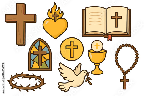 Christianity religion symbol collection. Catholic faith icon set with cross, holy bible, rosary, dove, sacred heart, crown of thorns, chalice and Eucharist. Vector illustration.