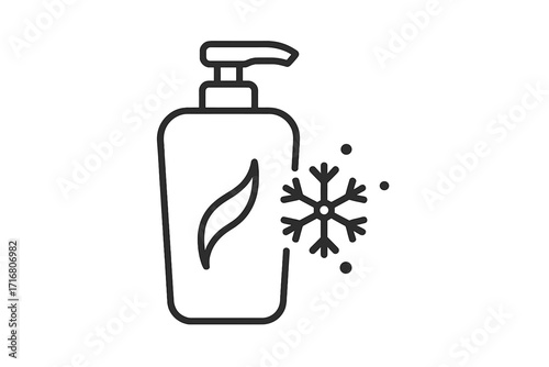 Winter hair care conditioner line icon. Cooling shampoo, lotion or soap dispenser with snowflake. Natural cosmetic product for skin and hair. Vector symbol for beauty.