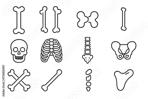 Human bones and skeleton line icon set. Editable stroke vector illustration for anatomy, medicine, biology. Includes skull, rib cage, spine, pelvis, and crossbones icons.