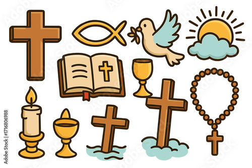 Christian religion symbols icon set. Catholic faith spiritual elements. Cross, Bible, holy spirit dove, Jesus fish, Eucharist chalice, rosary beads, candle, sun. God vector cartoon.