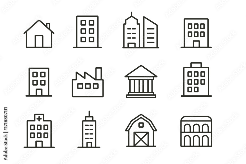 Fototapeta premium Building icon set. Real estate and architecture thin line icons. Vector collection of city and town symbols: house, office, bank, hospital, factory, skyscraper, barn. Editable stroke.