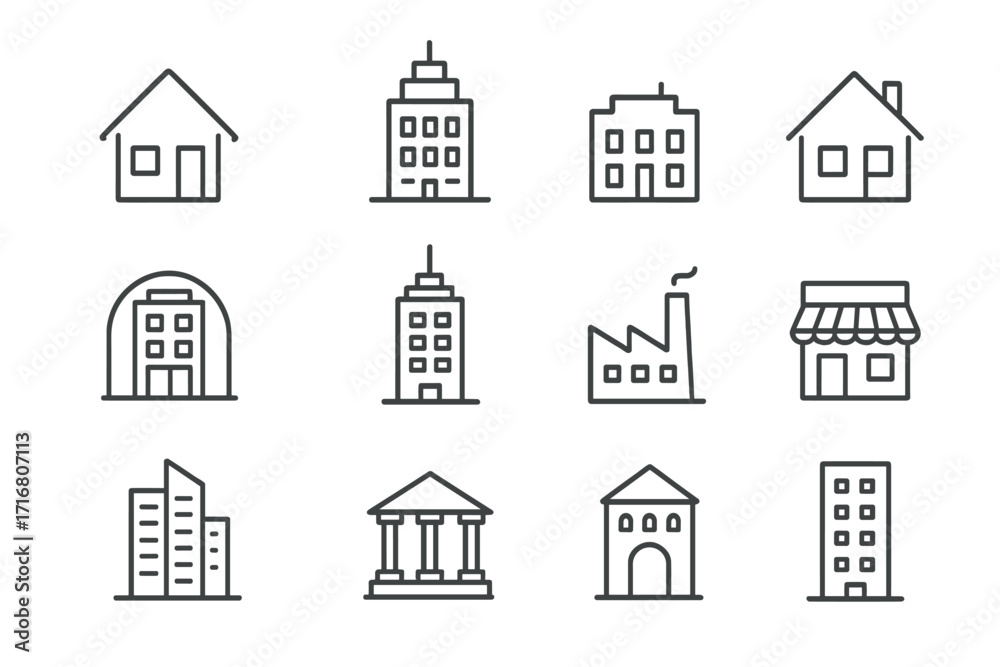 Fototapeta premium Building line icon set. Real estate and architecture symbols. Thin outline pictograms of house, office, factory, bank. Editable stroke vector for web and app design.