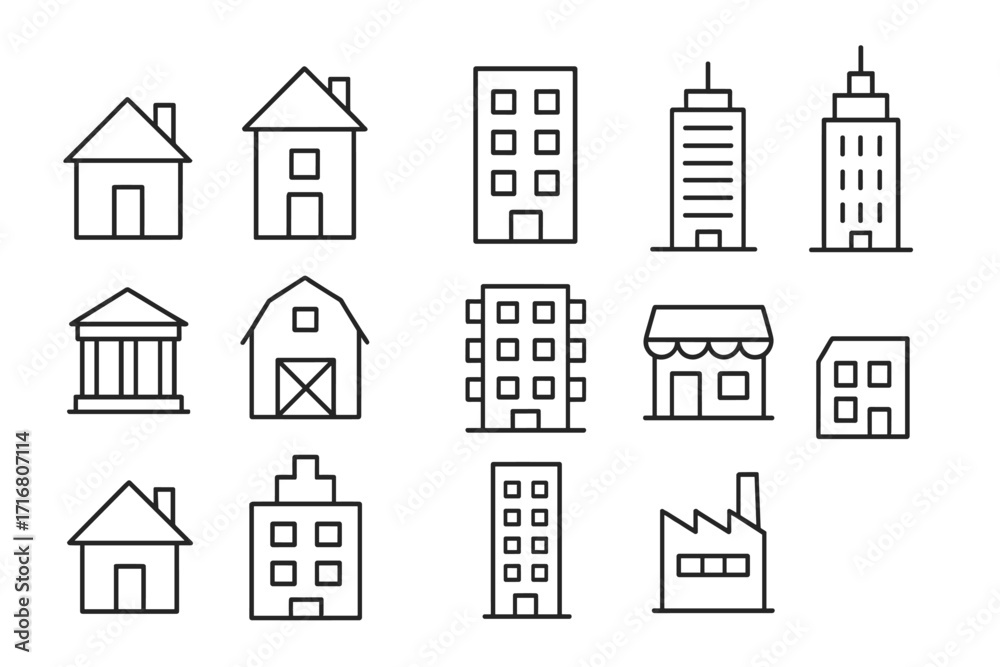 Fototapeta premium Building line icon set. Real estate and architecture symbols collection. Thin outline vector icons of house, home, office, skyscraper, bank, barn, factory and store. Editable stroke.