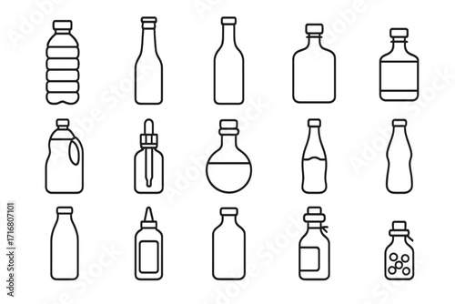 Bottle icon set thin line art vector. Collection of container shapes for drinks, medicine, and cosmetics. Simple outline illustration for packaging, web, and app design.
