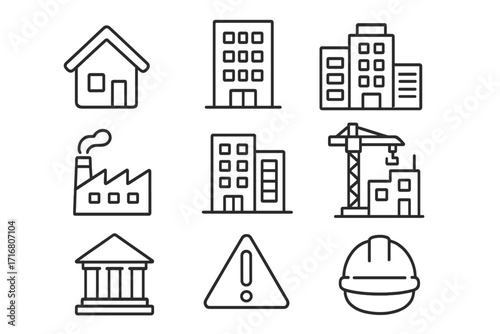 Building & construction line icon set. Vector symbols for real estate, architecture, industry. Includes house, factory, office, crane, bank, and hard hat. Editable stroke.