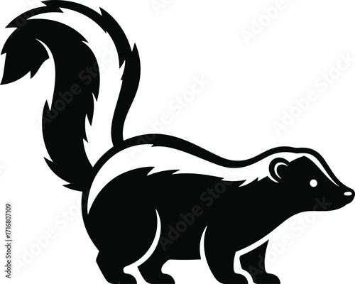 A bold, black and white illustration of a skunk, showcasing its distinctive stripes and bushy tail. The simple design is striking and memorable.