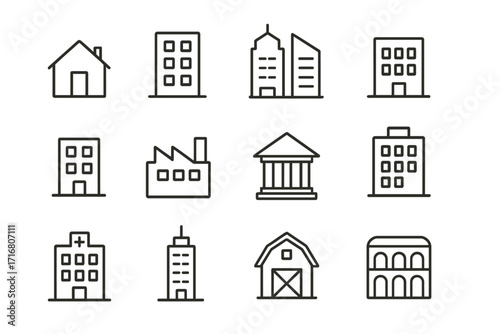 Building icon set. Real estate and architecture thin line icons. Vector collection of city and town symbols: house, office, bank, hospital, factory, skyscraper, barn. Editable stroke.