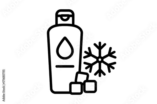 Cooling conditioner shampoo icon. Ice menthol cosmetic product. Winter hair care. Hydrating lotion bottle. Refreshing effect. Frozen snow flake. Minimal line vector.