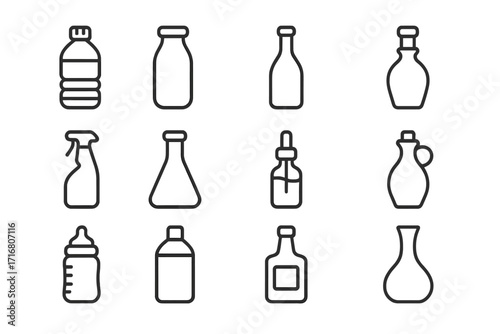 Bottle simple line icons collection. Vector container set. Water, milk, wine, alcohol, spray, baby, oil, chemical flask, dropper pictogram for web. Editable stroke.