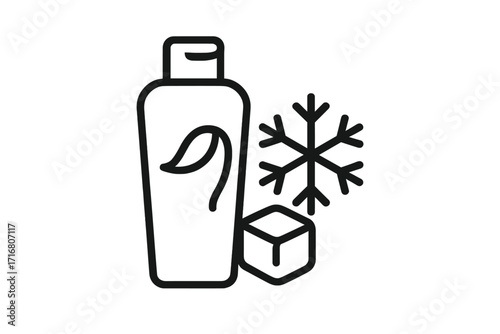 Cooling hair conditioner with menthol and ice effect. Winter hair care product line icon. Natural cosmetic bottle, snowflake, ice cube. Vector symbol for web, apps, design.