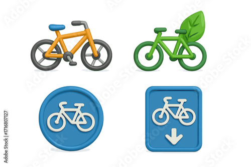 3d bicycle icons set, eco-friendly transportation symbols and cycling pathway signs. Green bike with leaf. Healthy lifestyle concept. Vector cartoon plasticine illustration.