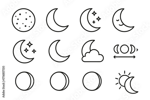 Moon phases line icon set. Lunar cycle astronomy symbols. Crescent, stars, night sky, eclipse. Editable stroke vector graphics for web, apps, astrology, weather forecast.