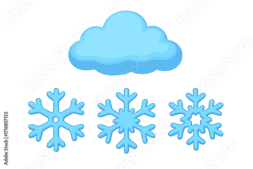 3D blue snowflakes and cloud set. Vector cartoon illustration for winter weather. Cute plasticine style snow and cold symbols isolated on a transparent background. Icons.