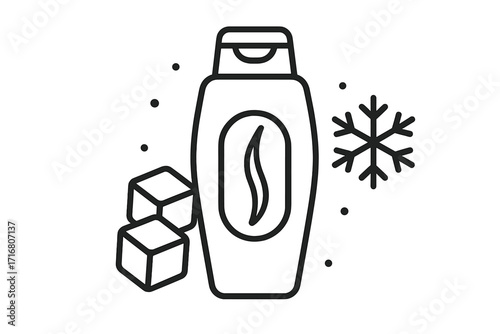 Cooling conditioner shampoo bottle icon. Menthol fresh effect. Ice cube and snowflake symbol. Winter hair care. Cosmetic hygiene product. Line art vector outline illustration.