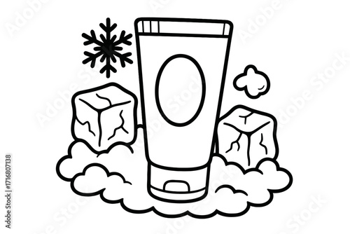 Cooling cream tube with ice and snow. Vector outline icon. Winter cosmetic product concept. Refreshing gel or lotion for skin care. Frozen beauty product cartoon illustration.