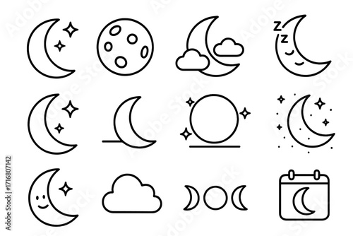 Moon icon set thin line collection. Night sky, sleep, crescent, stars and cloud symbols. Celestial astrology and weather linear icons. Vector outline pack with editable stroke.