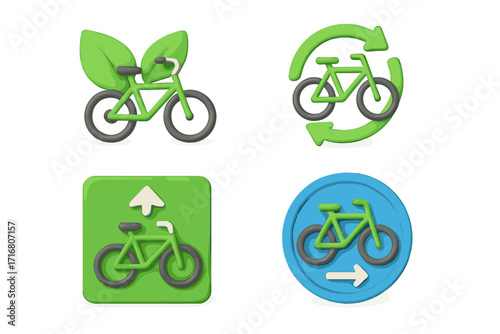 3D bicycle icons set. Eco-friendly transportation symbols, cycling pathway signs. Green bike for sustainability, ecology, and recycle concept. Vector cartoon illustration for web.
