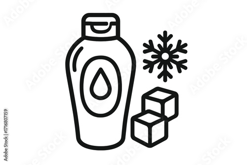 Cooling shampoo icon. Line art of cosmetic bottle with ice and snow. Vector symbol for refreshing menthol effect, winter hair care product. Cold hydration cosmetics.