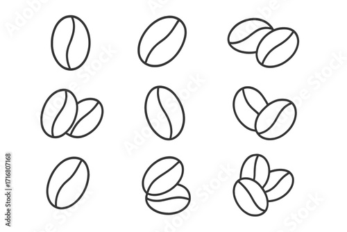 Coffee bean line icon set. Minimalist vector pictogram collection of coffee grains. Outline symbol for espresso, caffeine. Simple graphic for cafe menu, app, web design.