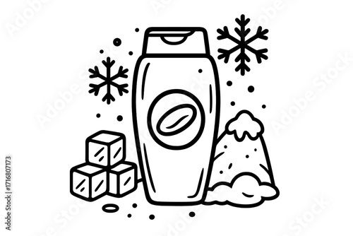 Cooling coffee shampoo or conditioner concept. Hair care product with ice cubes and snowflakes. Refreshing winter cosmetic line icon. Vector illustration for beauty ads.