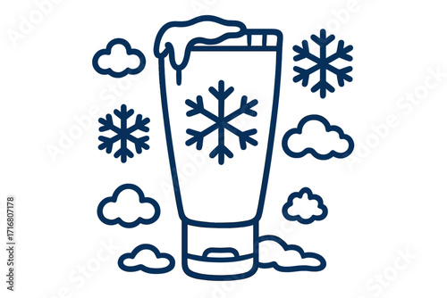 Winter cosmetic tube line icon. Cooling conditioner, gel or cream with snow and ice. Skincare or haircare beauty product. Cold frost effect. Vector outline illustration.