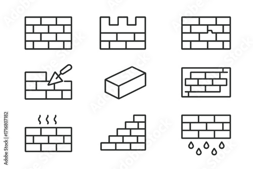 Vector brick wall icon set. Thin line icons for construction, building, and masonry. Includes bricklaying, repair, cracked wall, insulation, and waterproofing concepts. Editable stroke.