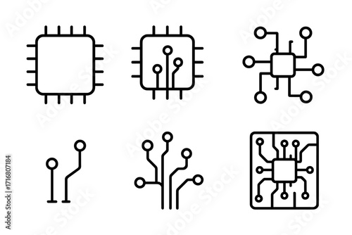 Chip icon set. Microchip and processor line icons. Circuit board, CPU, and technology symbols. Editable stroke vector pictogram for tech design, apps, and web. AI concept.
