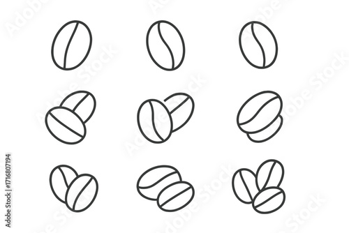 Coffee bean line icon set. Minimalistic vector collection of roasted coffee grains. Simple linear pictogram symbols for cafe menu, beverage branding, app or web design.