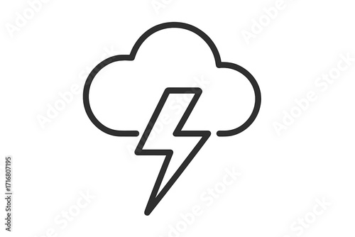 Thunderstorm icon, lightning bolt from cloud. Simple weather forecast sign. Storm symbol. Electric power, energy concept. Flash pictogram. Linear outline vector illustration.