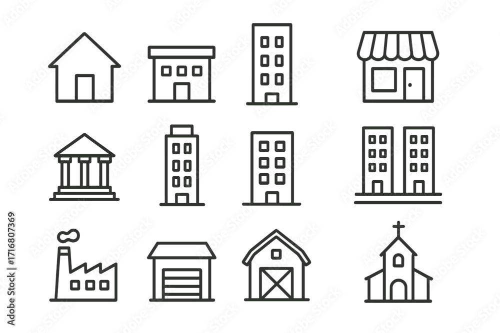 Fototapeta premium Building line icon set. Real estate and city construction outline icons. Home, bank, factory, store, church, barn. Simple minimal vector pictogram collection for web, UI/UX.