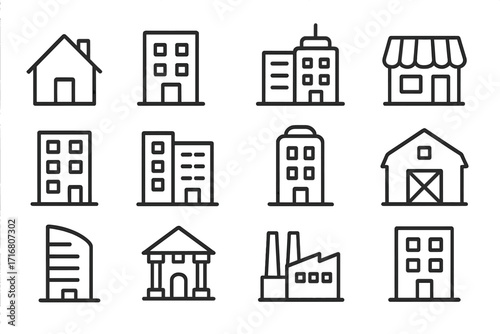 Building line icon set. Real estate and architecture symbols. House, office, bank, factory, store icons. Editable stroke vector pictograms for web and app design.