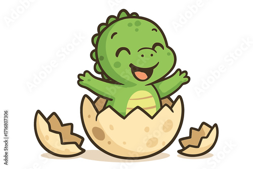 Cute dinosaur hatching from egg. Joyful baby dino character with happy expression. Cartoon vector illustration for kids. Newborn prehistoric animal, reptile from cracked egg.
