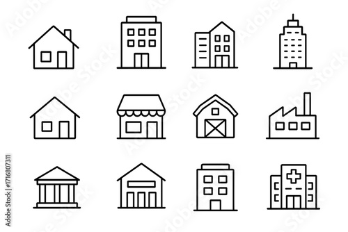Building line icon pack. Minimal vector icons of house, office, hospital, bank, factory, store, skyscraper. Editable stroke pictograms for web, app, and graphic design.